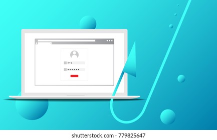Vector illustration of a successful phishing attack concept. Laptop with browser window and login page with red button caught with fishing hook and under water background with bubbles.