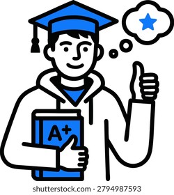 Vector illustration of a successful student wearing a graduation cap, holding a book marked with an A+ grade, and giving a thumbs up, representing academic achievement.