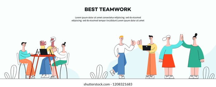 Vector illustration of successful teamwork horizontal banner in flat style - business people working and developing projects together in workspace isolated on white background.