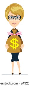 Vector illustration of a successful wealthy smiling cartoon businesswoman or banker in eyeglasses with a bag of gold Cash Dollar coins. Stock Vector Illustration