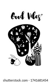 Vector illustration with succulent and vase. Lettering quote 'Good vibes', typography design or printing and card. 