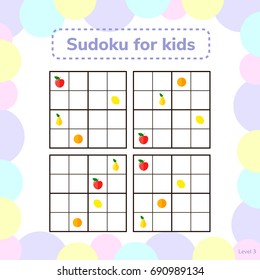 vector illustration. Sudoku for kids with pictures. Logic game for preschool children. Educational game. Rebus. Apples, pears, oranges, lemons.