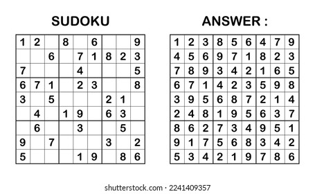 vector illustration of sudoku puzzle game and answer on white background