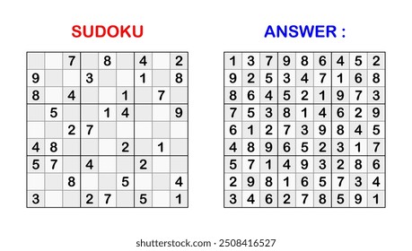 vector illustration of sudoku puzzle game and answer on white background