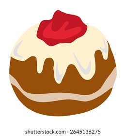 Ilustração vetorial de uma Sufganiyot, uma tradicional rosquinha de geleia de Chanucá, com uma representação detalhada de sua massa marrom, glacê branco cremoso e recheio vibrante de geleia vermelha.