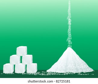 vector illustration of sugar cubes and pouring sugar granules on green in eps 10 format