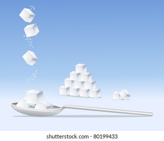 Vector Illustration Of Sugar Cubes And Silver Spoon On Blue In Eps 10 Format