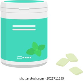 Vector illustration of sugar free mint flavored gum in a bottle isolated on background.