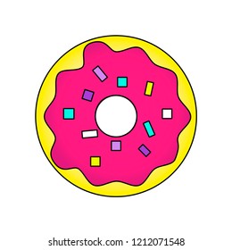 Vector illustration with sugar icing glazed donut. Flat style. Yellow, pink colors, black outline, white background