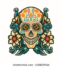 Vector illustration of sugar skull with flower border