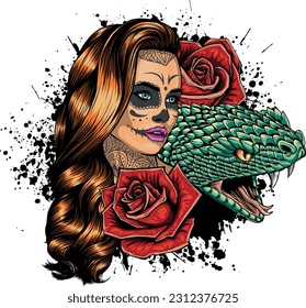 ilustración vectorial de la cráneo de azúcar con rosas de flores y serpiente