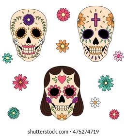 Vector illustration of sugar skull, mexican symbol for day of the dead. Background, print, tattoo design