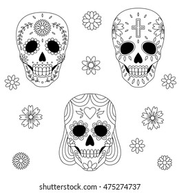 Vector illustration of sugar skull, mexican symbol for day of the dead. Background, coloring page, print, tattoo design