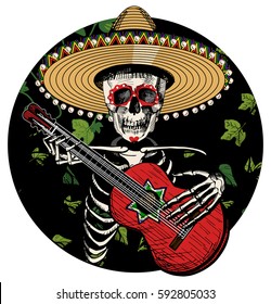 Vector illustration of sugar skull in Mexican sombrero playing on red Spanish guitar on black circle background. Vintage hand drawn style.