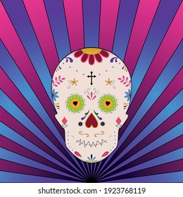 Vector illustration of sugar skull on background of pink and blue rays. Mexican calavera poster.