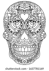 A vector illustration of a sugar skull with ornate details and heart-shaped eyeshadow
