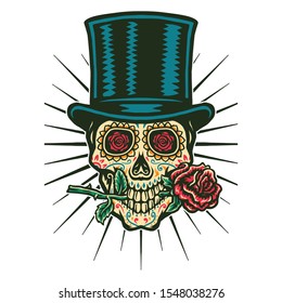 Vector Illustration Of Sugar Skull Wears A Top Hat And Bites The Rose