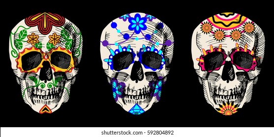 Vector illustration of sugar skulls set in detailed hand-drawn style. Vintage engraving image on black background.