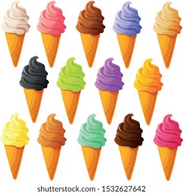 Vector illustration of sugar waffle cones with various soft serve ice cream flavors.