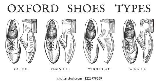 Vector illustration of men’s suit oxford shoes set: cap toe, plain toe, whole cut, wing tig. Vintage drawing style.