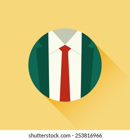 Vector illustration of suit and red tie. Formal suit. Male clothing suit. Business concept. Flat design style
