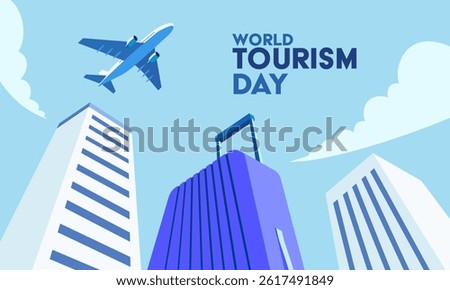 Vector illustration of a suitcase with an airplane and city skyscrapers in the background