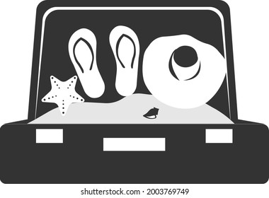 Vector illustration of a suitcase with beach accessories. Things for recreation. Isolated image on a white background.