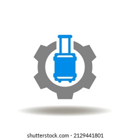 Vector illustration of suitcase with gear. Icon of journey or travel service. Symbol of expat work.