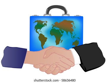 Vector illustration a suitcase with globe and hand shake of the man and the woman a white background