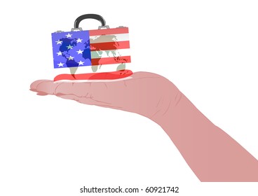 Vector illustration a suitcase with globe in a hand on a white background