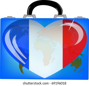 vector illustration a suitcase with globe and heart france on a white background