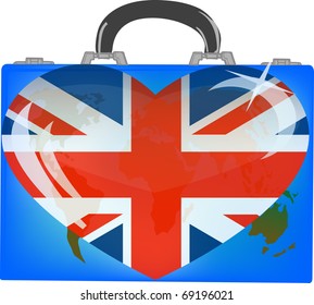 vector illustration a suitcase with globe and heart england on a white background