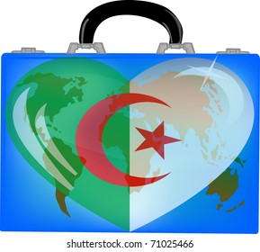 vector illustration a suitcase with globe and heart algeria on a white background