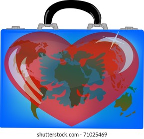 vector illustration a suitcase with globe and heart albania on a white background