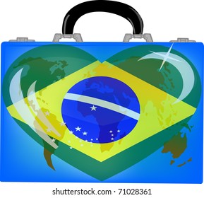 vector illustration a suitcase with globe and heart brazil   on a white background