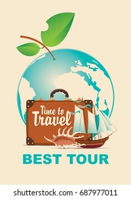 Vector illustration with a suitcase, sailboat and seashell on a tourist theme against the backdrop of the planet Earth in the form of an Apple with leaves. Banner with the inscription Time to travel