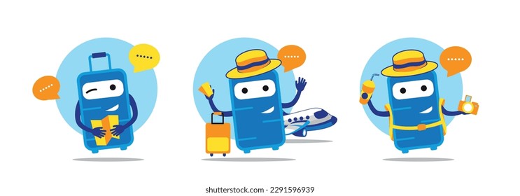 Vector illustration of Suitcase set with the theme of world map, airplane tickets, travel trips with funny and happy characters, icons for travel, tour, etc.