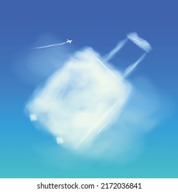 Vector illustration of suitcase shaped cloud in the blue sky - Travel vacation concept