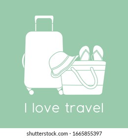 Vector illustration Suitcase, sun hat, beach bag, flip flops isolated on color background. I love travel. Summer time, vacation, holiday, leisure. Concept for travel agency. Design for web page, print
