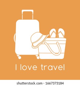 Vector illustration Suitcase, sun hat, beach bag, flip flops isolated on color background. I love travel. Summer time, vacation, holiday, leisure. Concept for travel agency. Design for web page, print