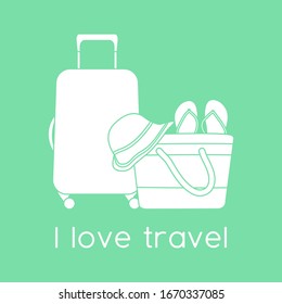 Vector illustration Suitcase, sun hat, beach bag, flip flops isolated on color background. I love travel. Summer time, vacation, holiday, leisure. Concept for travel agency. Design for web page, print