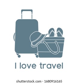Vector illustration Suitcase, sun hat, beach bag, flip flops isolated on white background. I love travel. Summer time, vacation, holiday, leisure. Concept for travel agency. Design for web page, print