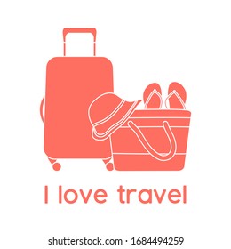 Vector illustration Suitcase, sun hat, beach bag, flip flops isolated on white background. I love travel. Summer time, vacation, holiday, leisure. Concept for travel agency. Design for web page, print