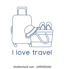 Ilustración vectorial Maleta, sombrero solar, bolsa de playa, chanclas aisladas en fondo blanco. Me encanta viajar. Hora de verano, vacaciones, vacaciones, ocio. Concepto de agencia de viajes. Diseño para página web, imprimir