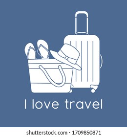 Vector illustration Suitcase, sun hat, beach bag, flip flops isolated on color background. I love travel. Summer time, vacation, holiday, leisure. Concept for travel agency. Design for web page, print