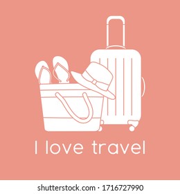 Vector illustration Suitcase, sun hat, beach bag, flip flops isolated on color background. I love travel. Concept for travel agency. Design for web page, print