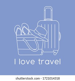 Vector illustration Suitcase, sun hat, beach bag, flip flops isolated on color background. I love travel. Summer time, vacation, holiday, leisure. Concept for travel agency. Design for web page, print
