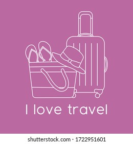 Vector illustration Suitcase, sun hat, beach bag, flip flops isolated on color background. I love travel. Summer time, vacation, holiday, leisure. Concept for travel agency. Design for web page, print