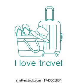 Vector illustration Suitcase, sun hat, beach bag, flip flops isolated on white background. I love travel. Summer time, vacation, holiday, leisure. Concept for travel agency. Design for web page, print