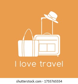 Ilustración vectorial Maleta, sombrero solar, bolsa de playa aislada en el fondo del color. Me encanta viajar. Tiempo de verano, vacaciones, vacaciones, ocio. Concepto de agencia de viajes. Diseño de página web, impresión
